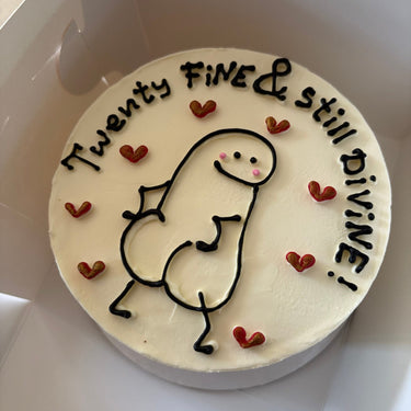 Кръгла бяла торта с брокат и ръчна рисунка, надпис "Twenty Fine & Still Divine!"