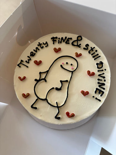 Кръгла бяла торта с брокат и ръчна рисунка, надпис "Twenty Fine & Still Divine!"